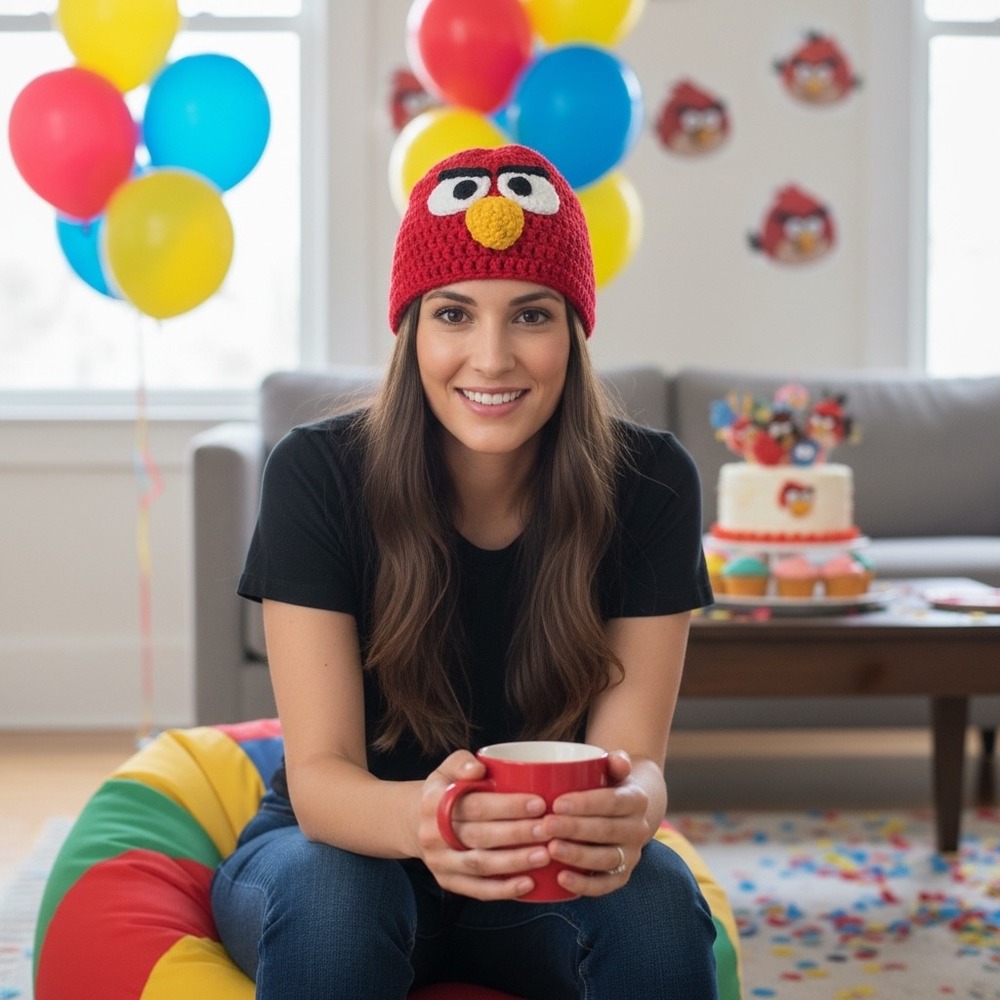 Angry Birds Red Crochet Beanie Hat Handmade Knit Character Cap Red Yellow Black‎
